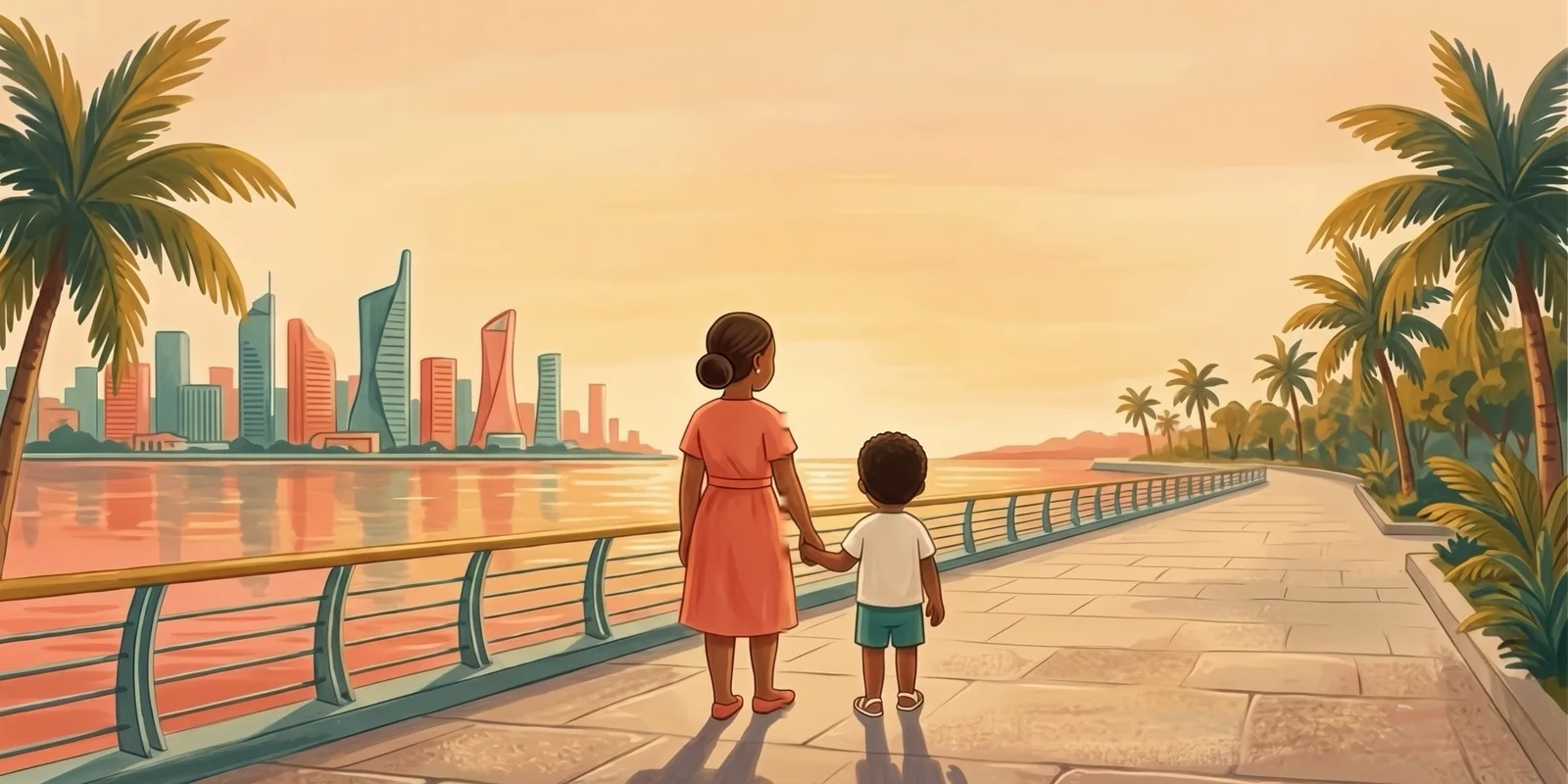 A mother and child walk hand in hand along the Lagos waterfront at sunset.