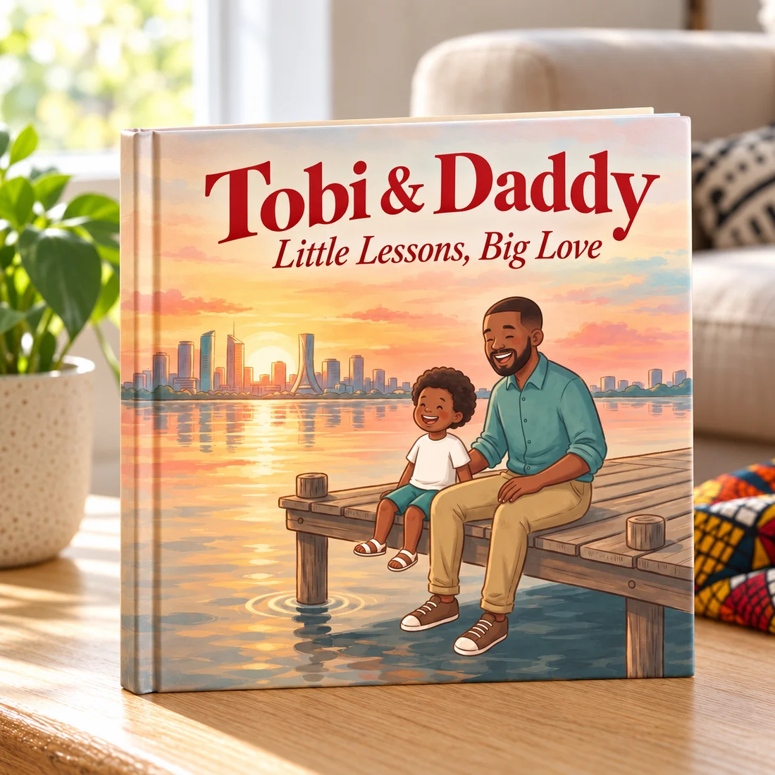 Tobi & Daddy: Little Lessons, Big Love, shown as a hardcover on an oak table.